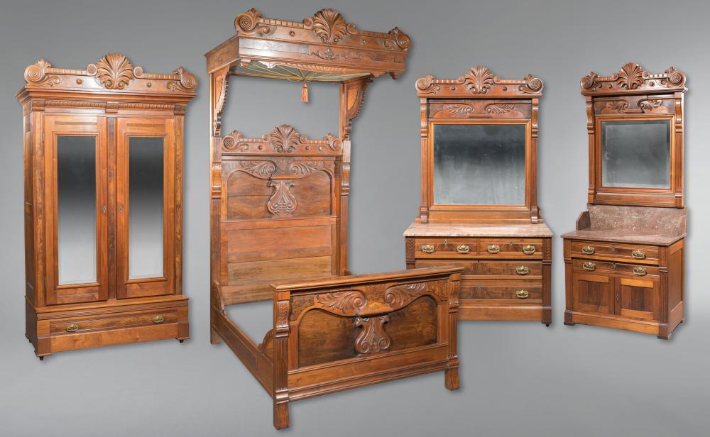 Appraisal: American Carved and Burled Walnut Four Piece Bedroom Suite c