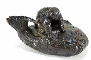 Appraisal: Japanese Meiji Period Boy Fish Incense Burner JAPAN MEIJI PERIOD