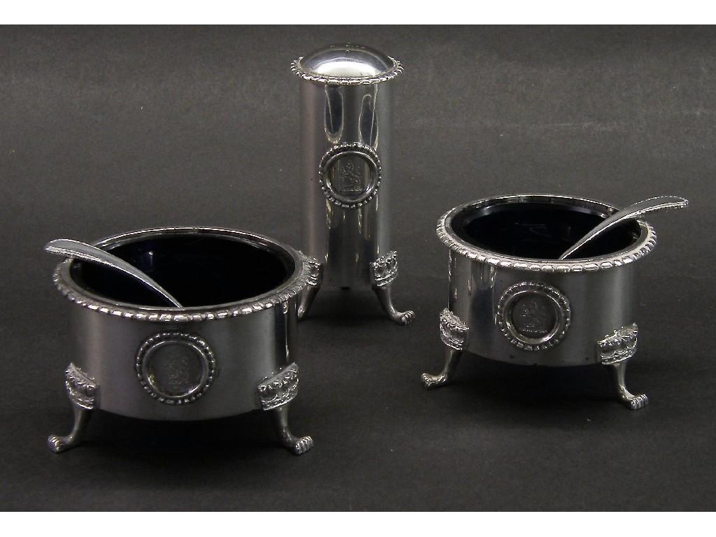 Appraisal: Classical style silver three piece cruet set of cylindrical form