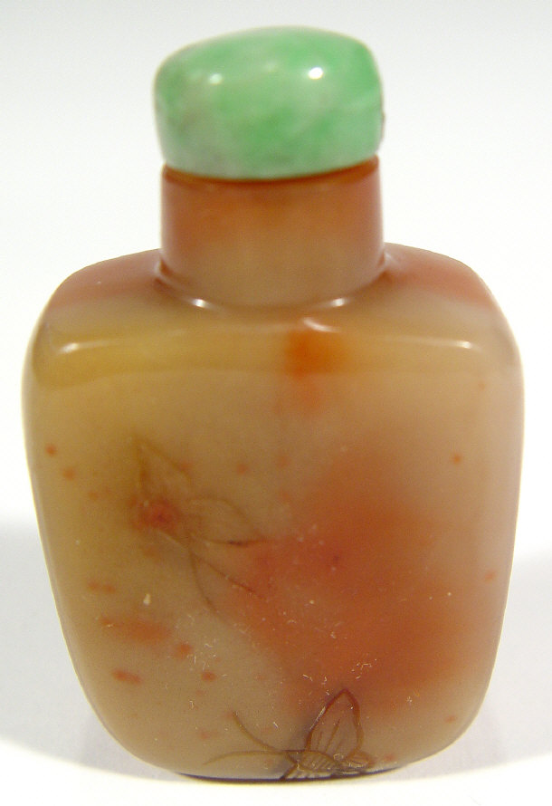 Appraisal: Chinese bloodstone agate snuff bottle the body incised with insects