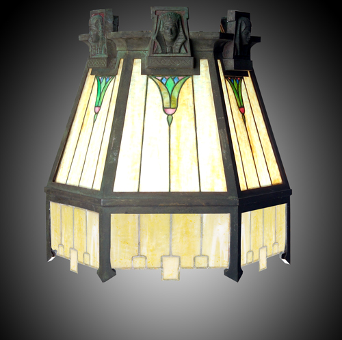 Appraisal: EGYPTIAN REVIVAL Faceted leaded glass hanging chandelier with six panels