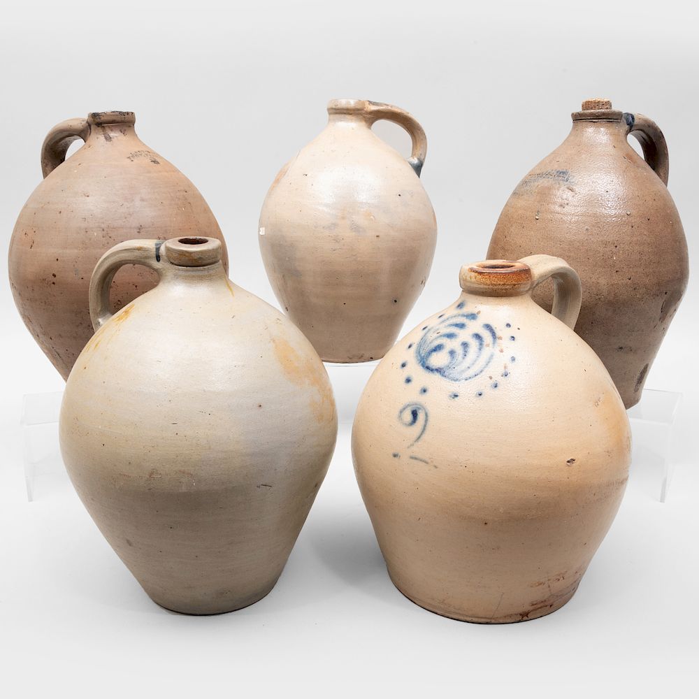 Appraisal: Five American Salt Glazed Stoneware Jugs Comprising A jug impressed