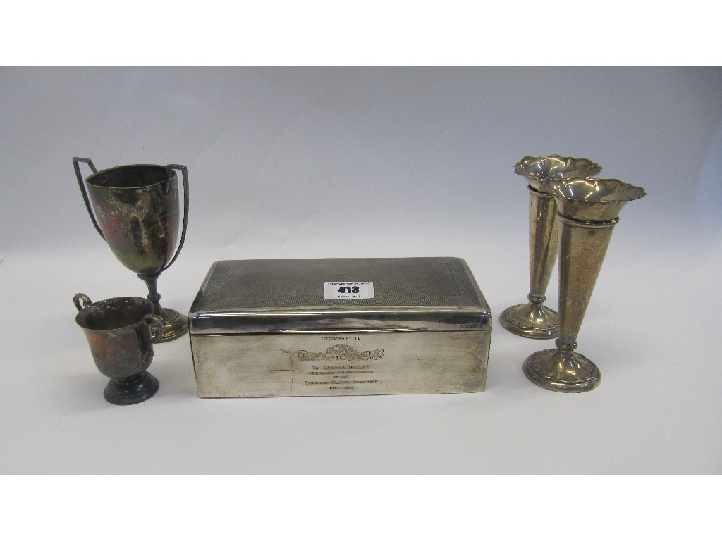 Appraisal: A lot comprising a silver cigarette box two silver cups