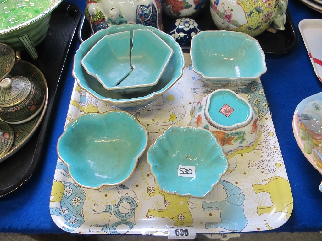 Appraisal: Six Chinese bowls each with turquoise glazed interiors