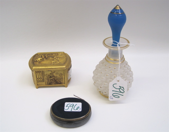 Appraisal: GLASS PERFUME BOTTLE METAL BOX A PATCH BOX pieces The