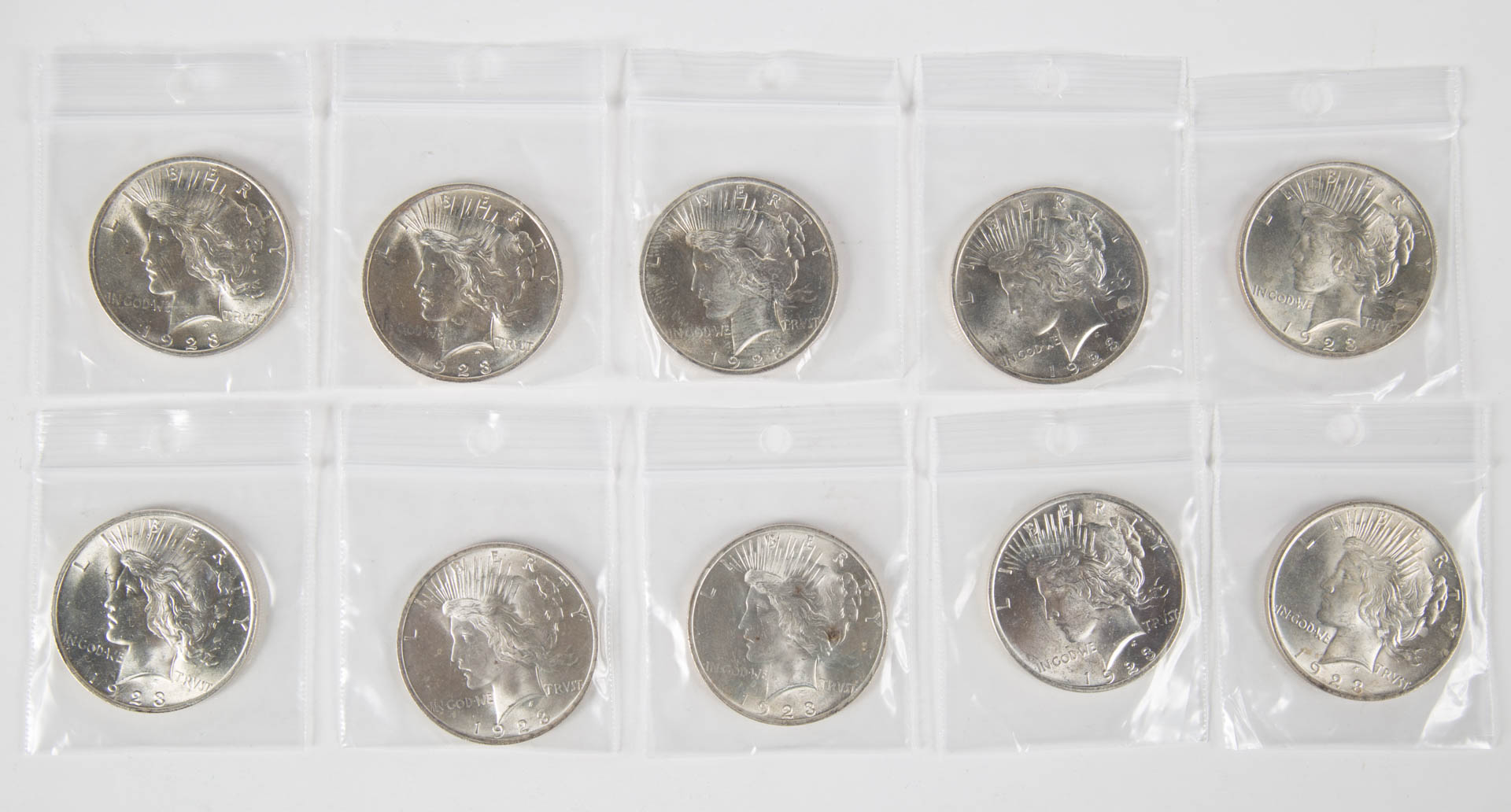 Appraisal: USA Peace Dollars Ten uncirculated Peace dollars all Grades MS