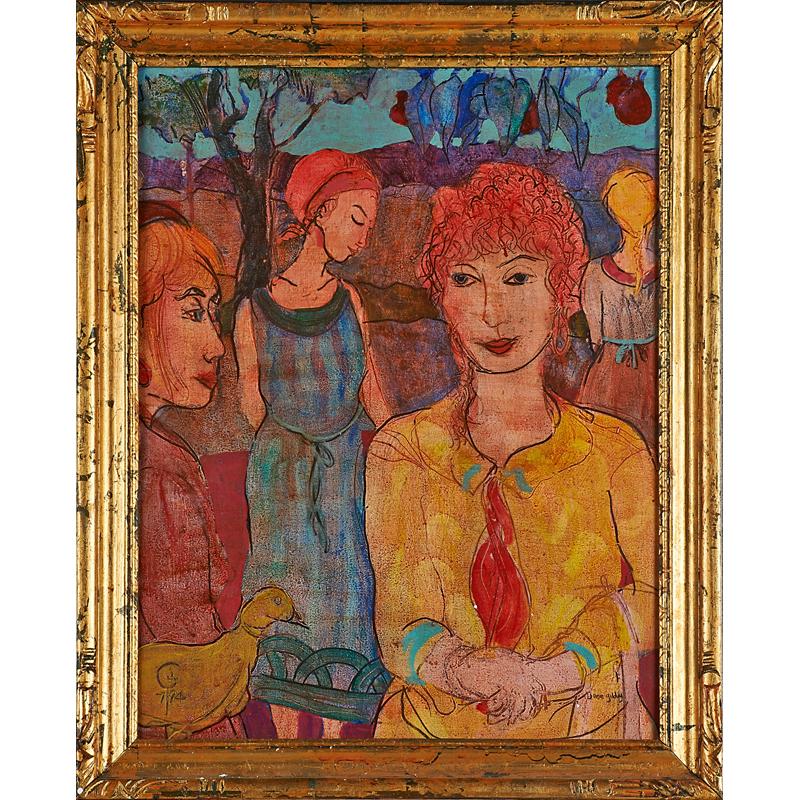 Appraisal: JANE GILDAY American b Oil on board Femmes artist frame