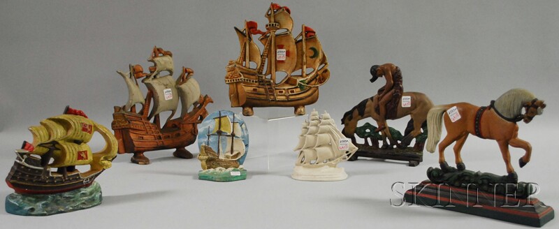 Appraisal: Seven Painted Cast Iron Figural Doorstops including five sailing ships