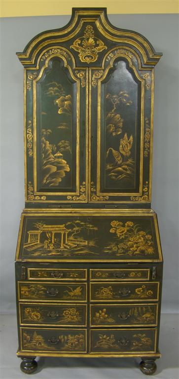 Appraisal: QUEEN ANNE STYLE GREEN GROUND CHINOISERIE BOOKCASE The shaped cornice