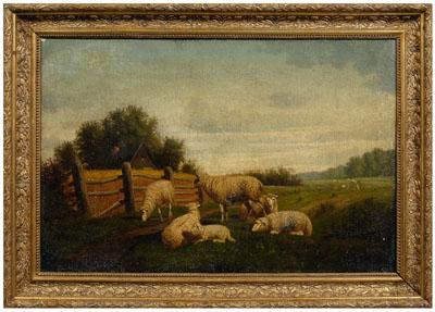 Appraisal: Pastoral landscape painting sheep by a fence unsigned oil on