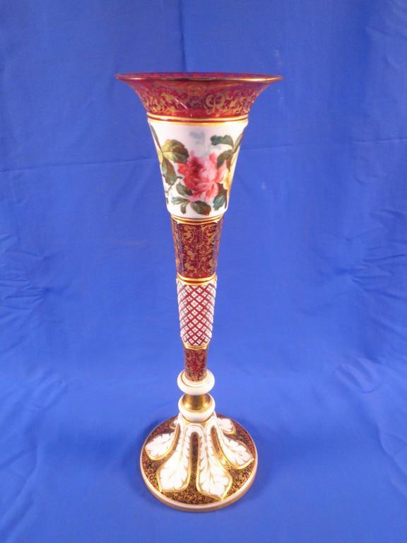 Appraisal: A Bohemian pink and white overlay glass trumpet shaped vase