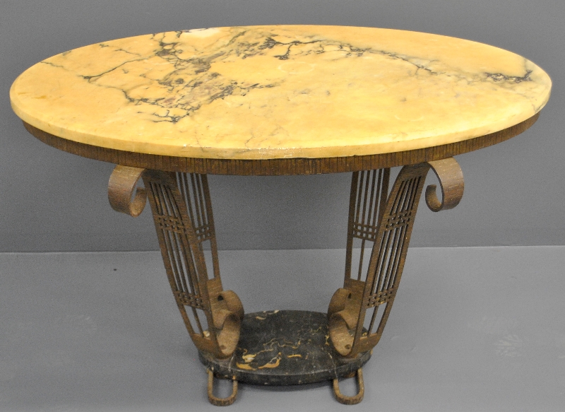 Appraisal: - Art Deco oval metal table with a beveled marble