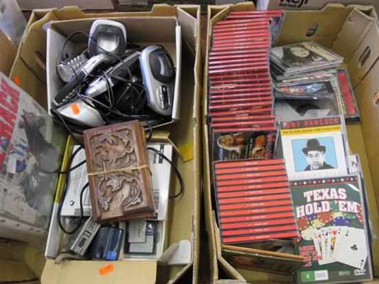 Appraisal: TWO BOXES OF DVDS CDS PHONES DIGITAL CAMERAS MAGZINES ETC