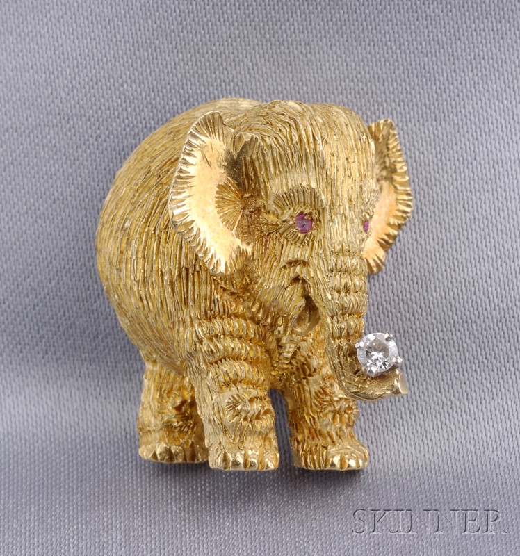 Appraisal: kt Gold and Diamond Elephant Brooch George Lederman with ruby