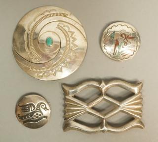 Appraisal: pc Native American Indian Silver Jewelry pins sandcast buckle --