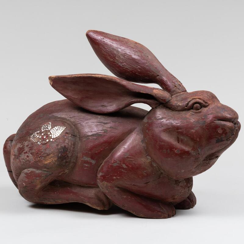 Appraisal: Asian Polychromed Wood Model of a Rabbit Unmarked x x