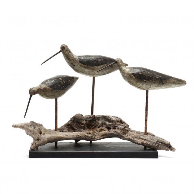 Appraisal: THREE YELLOWLEGS EASTERN SHORE VIRGINIA MOUNTED ON DRIFTWOOD Circa carved