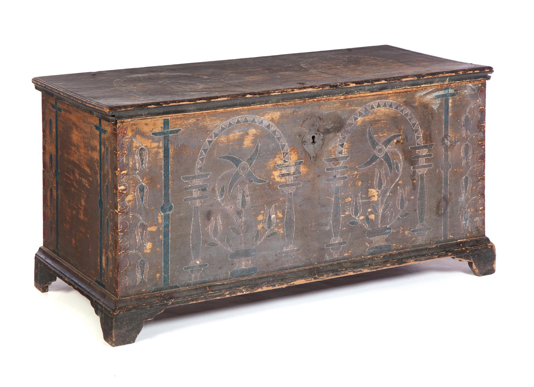 Appraisal: PENNSYLVANIA DECORATED BLANKET CHEST Early th century pine Dovetailed case