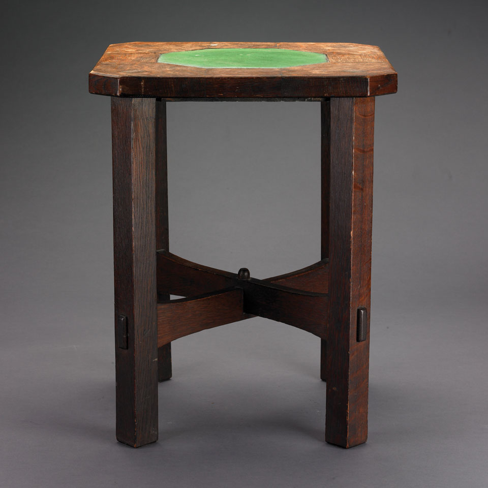 Appraisal: Gustav Stickley Arts Crafts Oak occasional table inset green tile