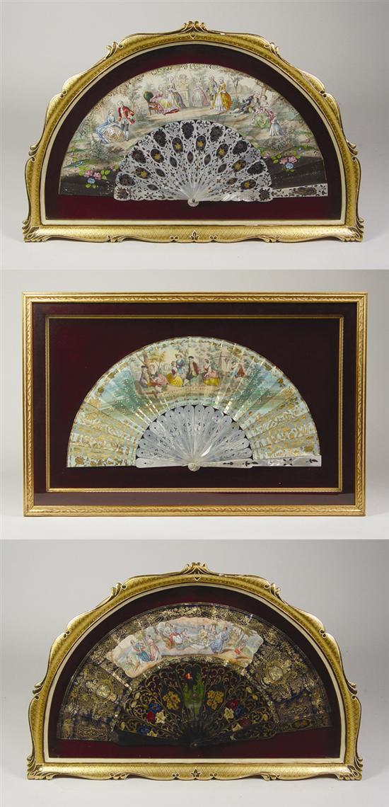 Appraisal: Three Hand-Colored European Fans in Frames Circa late 's in