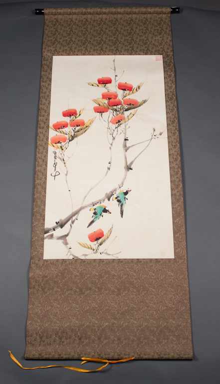 Appraisal: Chinese watercolor of birds on a branch with fruit attributed