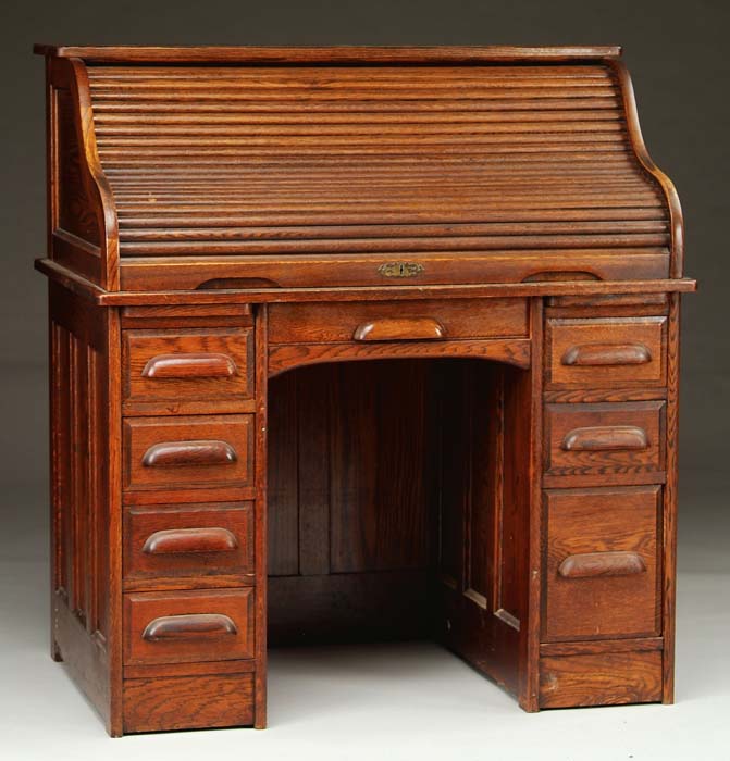 Appraisal: SMALL SIZE S-ROLL DOUBLE BANK ROLL TOP DESK Paneled interior