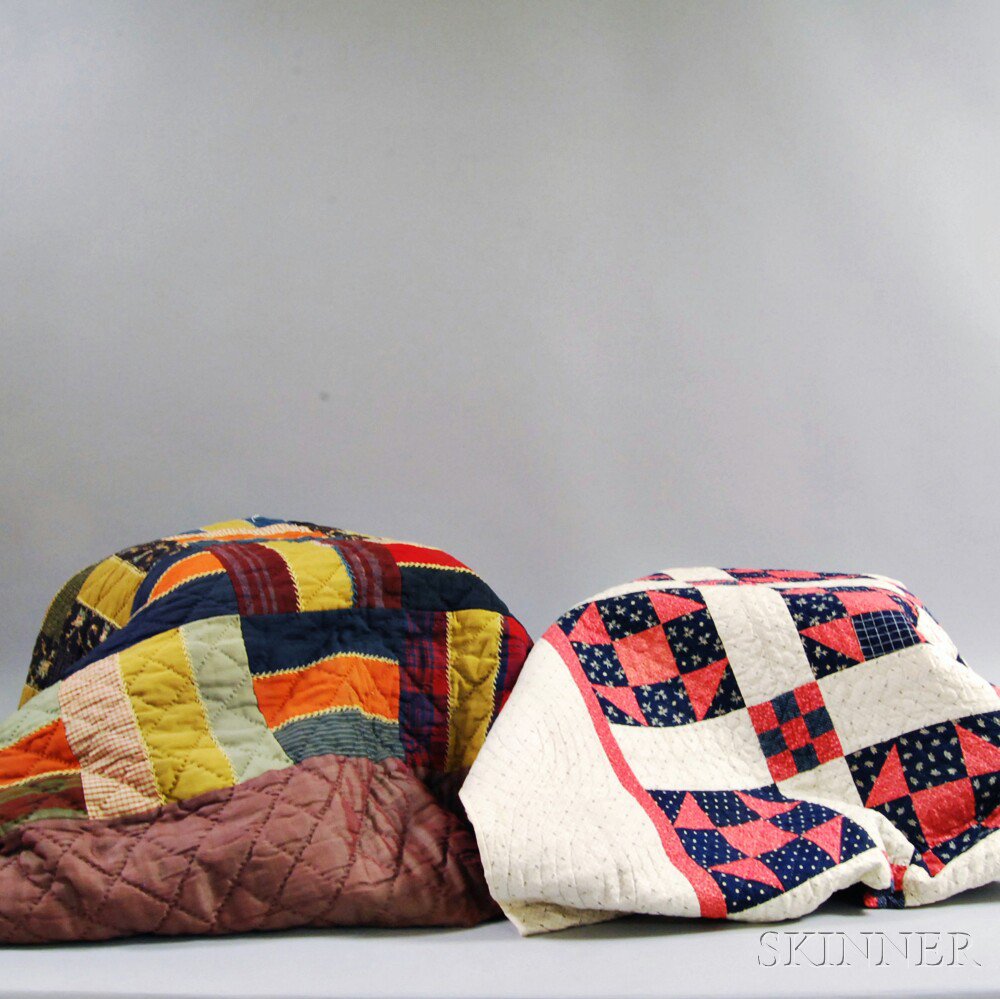 Appraisal: Two Pieced Cotton Quilts a bar-pattern with diamond stitching x