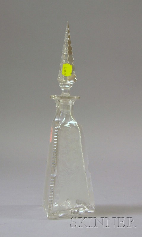 Appraisal: Triangular Colorless Cut Glass Perfume Scent Bottle with Etched Decoration