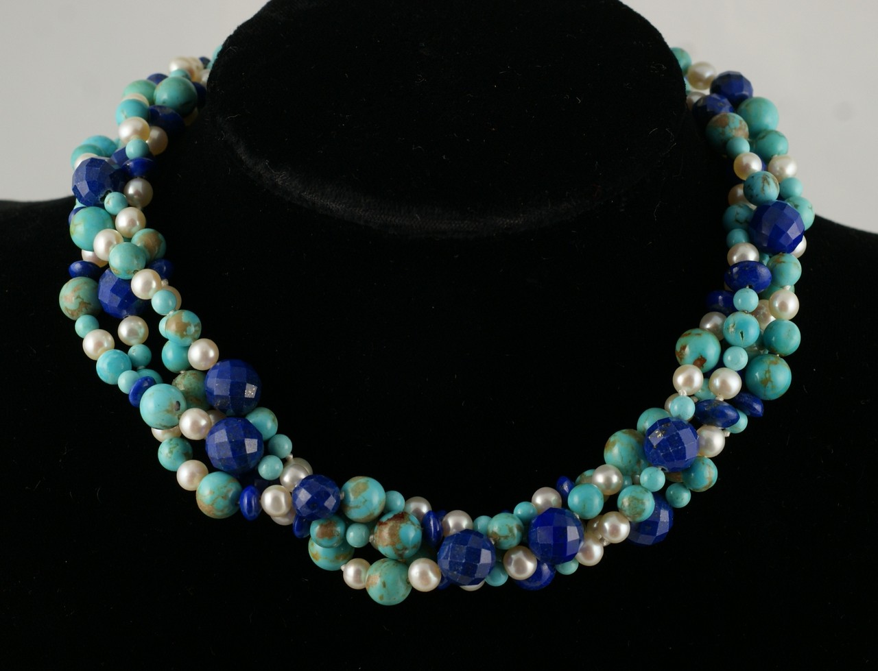 Appraisal: row pearl lapis and turquoise necklace with unmarked white metal