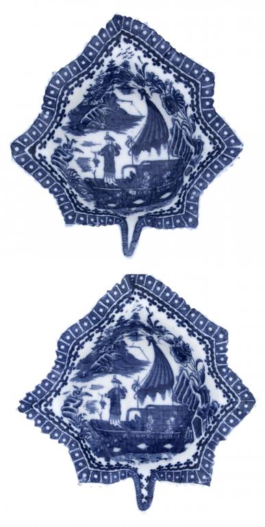 Appraisal: TWO CAUGHLEY LEAF-SHAPED PICKLE DISHES transfer printed in underglaze blue