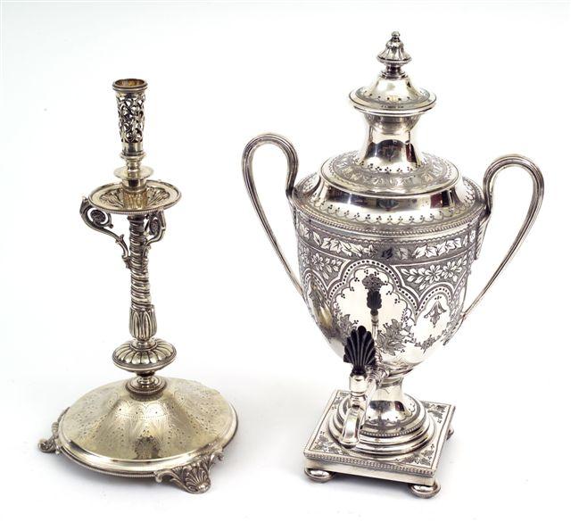 Appraisal: ADAM REVIVAL SILVER-PLATED TEA URN c with waisted domed cover