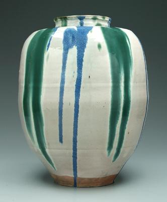 Appraisal: Large Japanese pottery vase ovoid with flat shoulders blue and