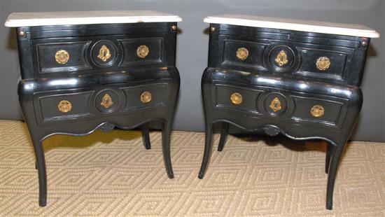 Appraisal: PAIR FRENCH PROVINCIAL STYLE BLACK LACQUERED END TABLES White marble