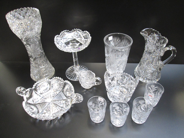 Appraisal: ELEVEN PIECES CUT CRYSTAL TABLEWARE consisting of compote vases pitcher