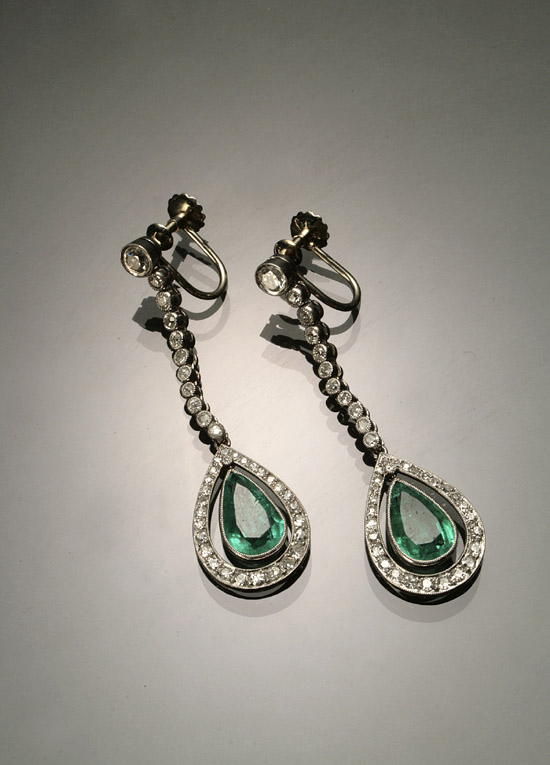 Appraisal: Pair of Art Deco -Karat White-Gold Platinum Diamond and Emerald