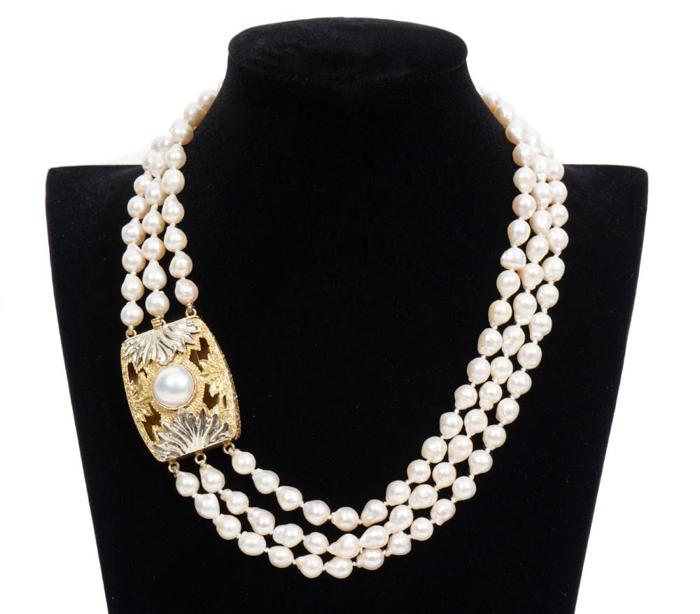 Appraisal: K YG MABE PEARL TRIPLE STRAND PEARL NECKLACE K yellow