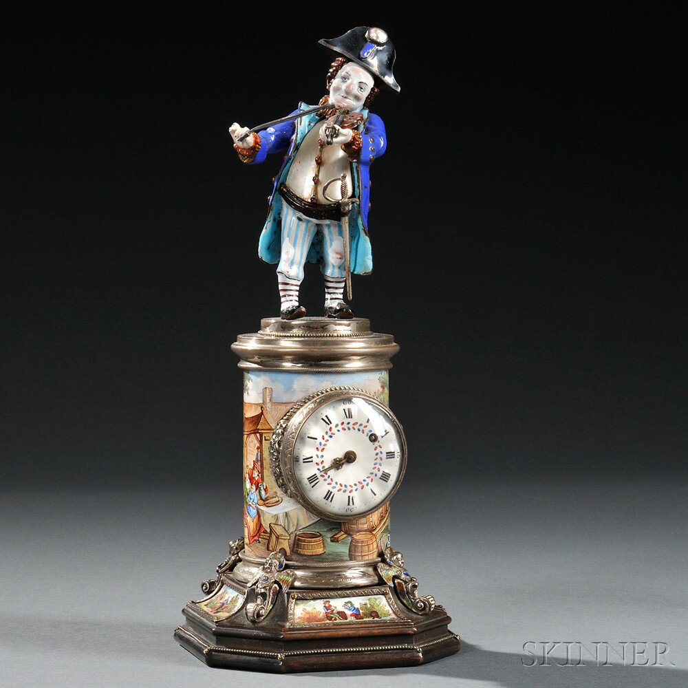 Appraisal: Viennese Silver Enamel and Freshwater Pearl Figural Clock Austria late