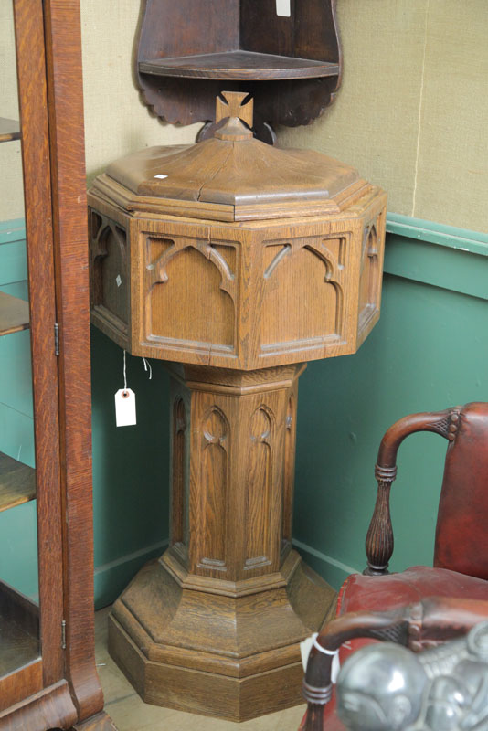 Appraisal: OAK BAPTISMAL FONT WITH LID Having a lid that slides