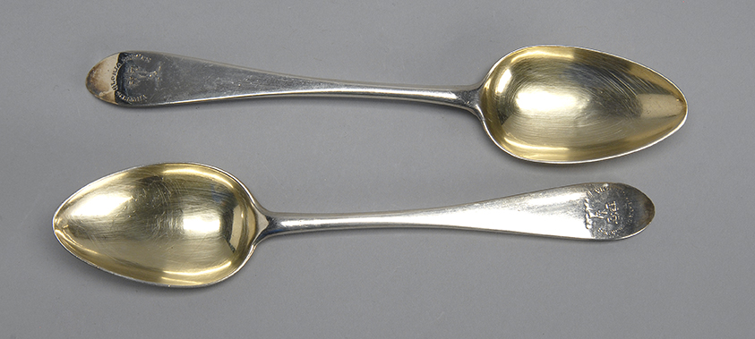 Appraisal: TWO SCOTTISH SILVER SERVING SPOONS Edinburgh With pointed back-tipt handles