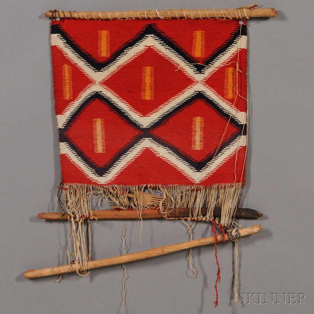 Appraisal: Navajo Loom Sample with Germantown weaving wood shuttle and wood