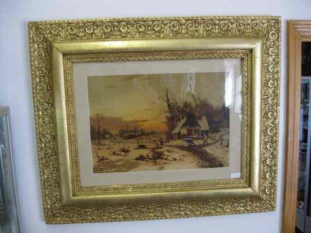 Appraisal: Ad Heingraf chromolithograph winter landscape with farm at sunset image