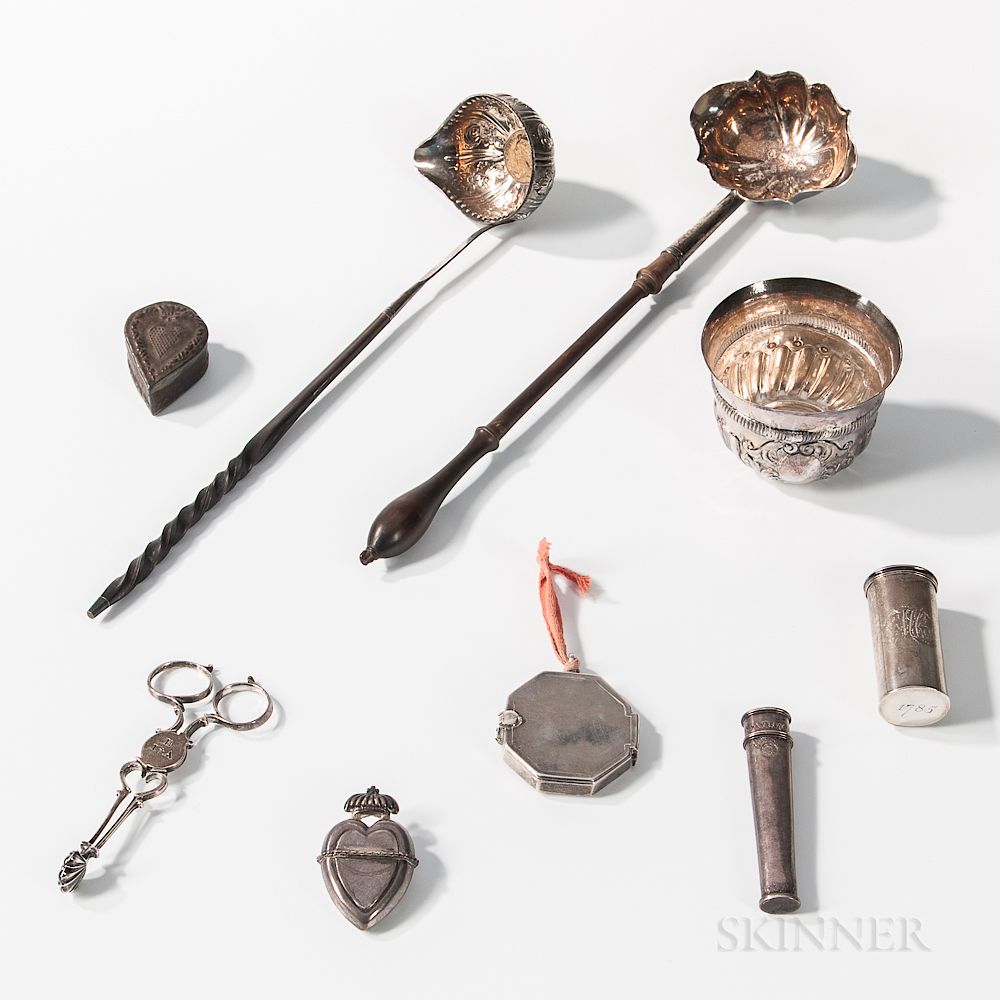 Appraisal: Eight Silver English Table Personal Items and a Tin Nutmeg