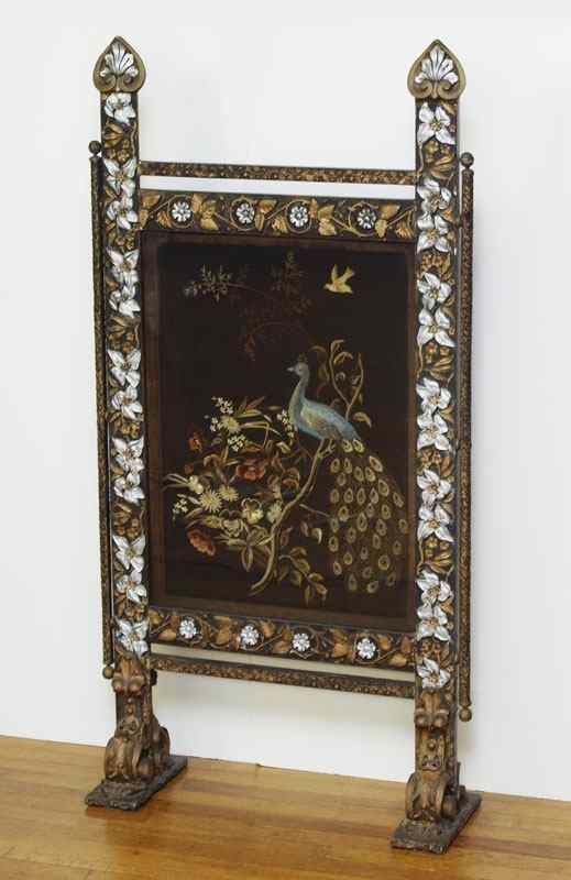 Appraisal: CA 'S EMBROIDERED FIRE SCREEN Peacock and flower embroidered in