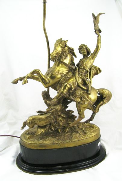 Appraisal: Large Figural Spelter Table Lamp Spelter metal with a brass