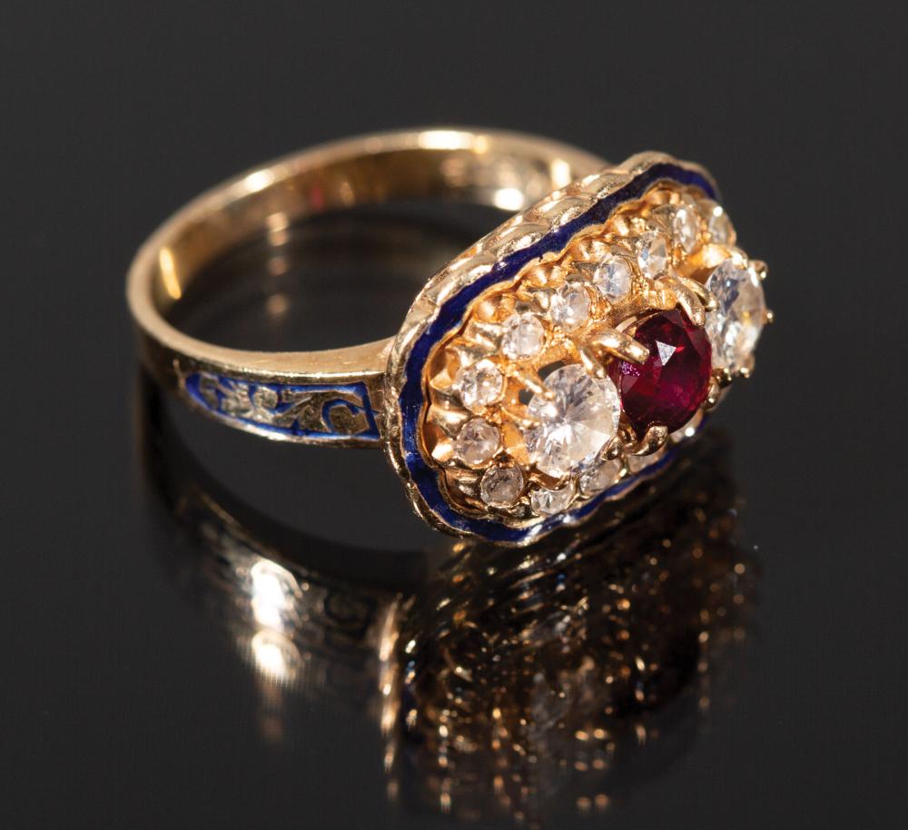 Appraisal: Victorian-Style kt Yellow Gold Black Enamel Ruby and Diamond Ring