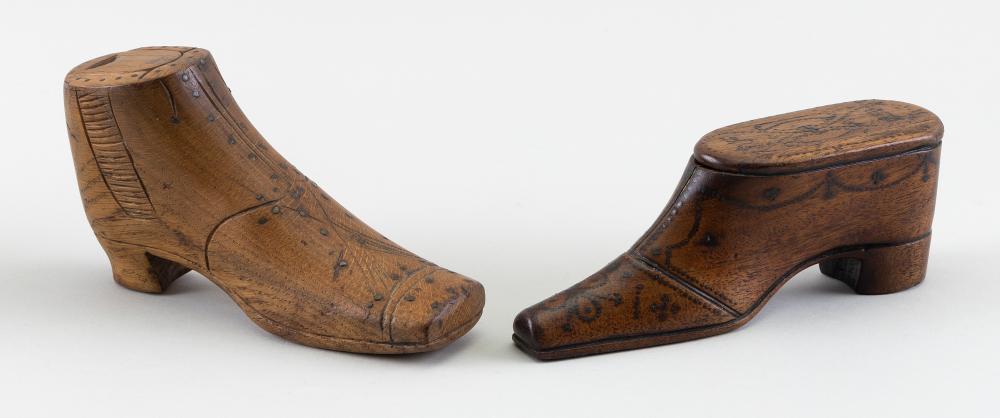 Appraisal: TWO ENGLISH SHOE-FORM TREEN AND PIQUE WORK SNUFF BOXES TH