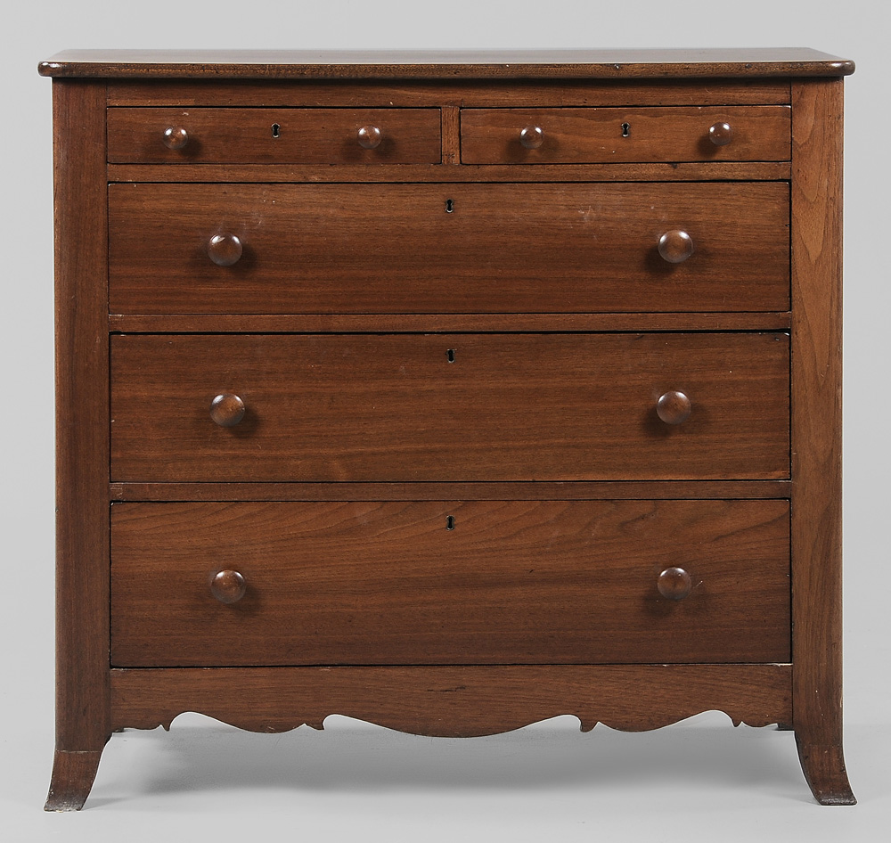 Appraisal: Walnut Five-Drawer Chest American mid th century dovetailed drawers with