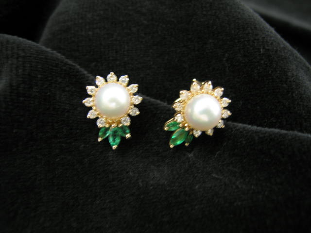 Appraisal: Emerald Pearl Diamond Earrings each with three marquis emerald a