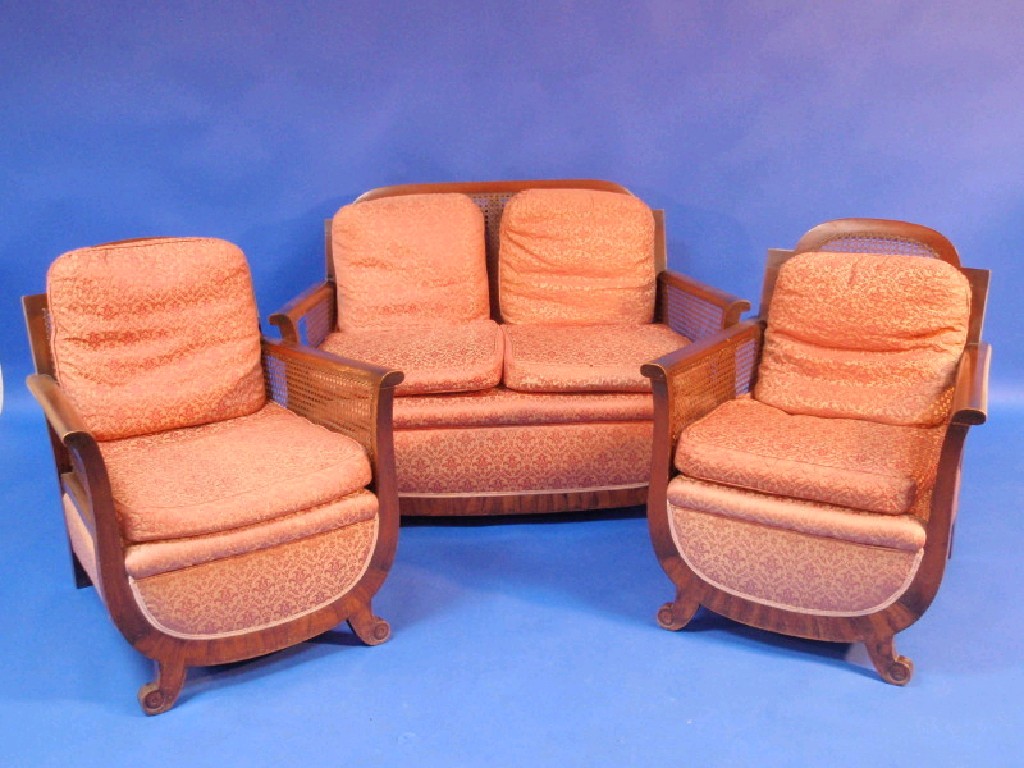 Appraisal: A 's walnut framed bergere three-piece suite