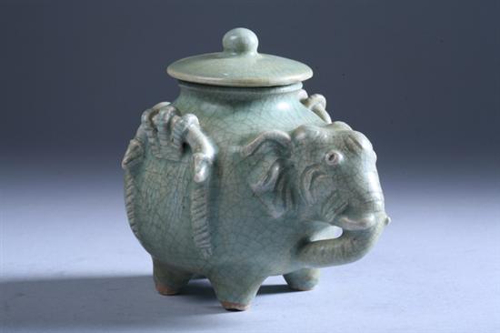 Appraisal: CAMBODIAN CELADON ELEPHANT JAR AND COVER th century - in